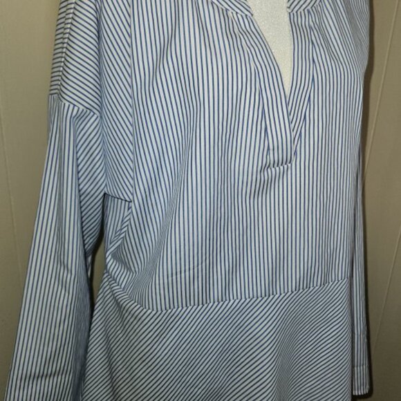* STUDIO 1886 Blue White Pinstripe Long Sleeve Asymmetrical Hem Blouse Ladies L - Picture 5 of 5